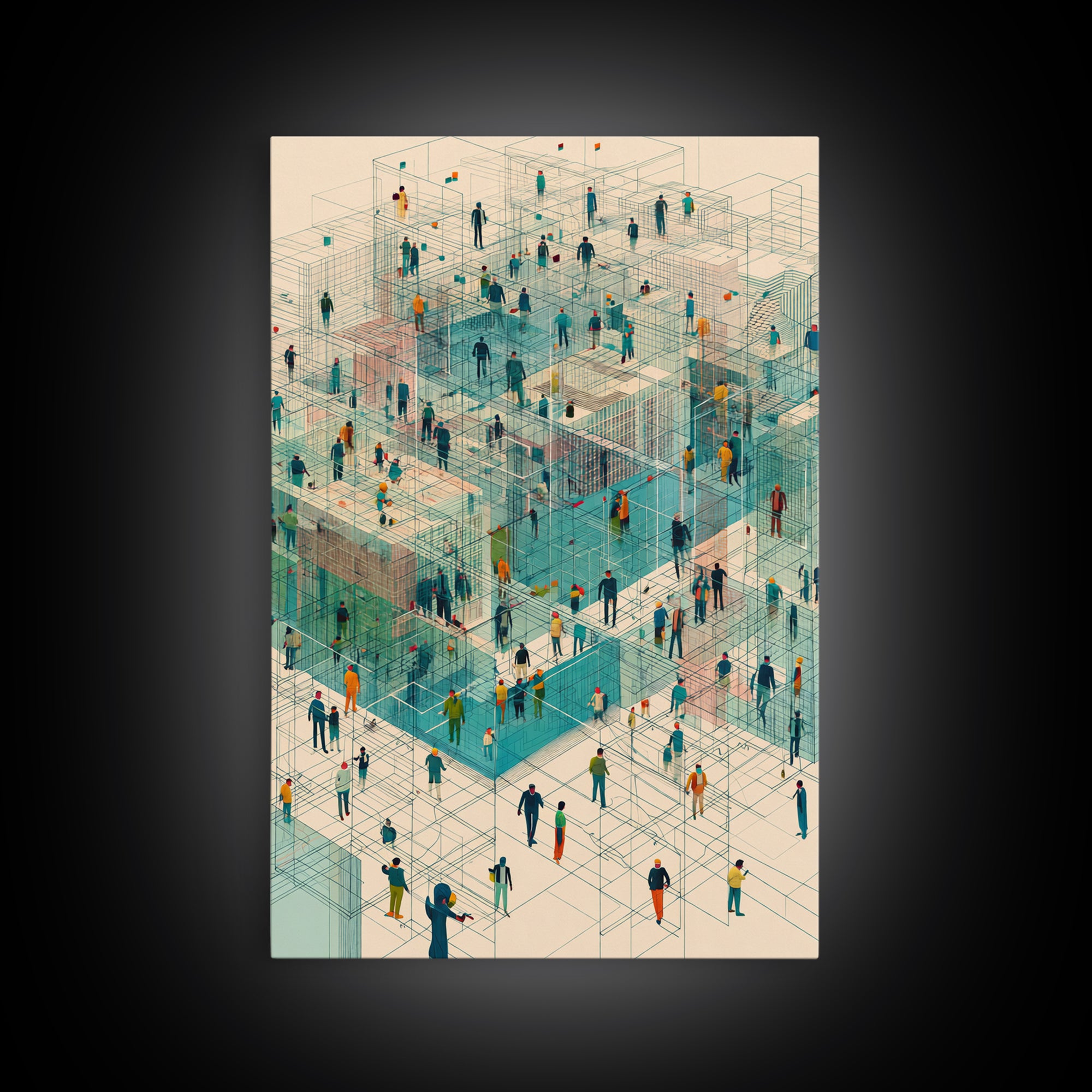 Isometric People In Wireframe City Wall Art, Modern Geometric Canvas Print, Abstract Urban Network, Unique Office Decor, Tech Inspired