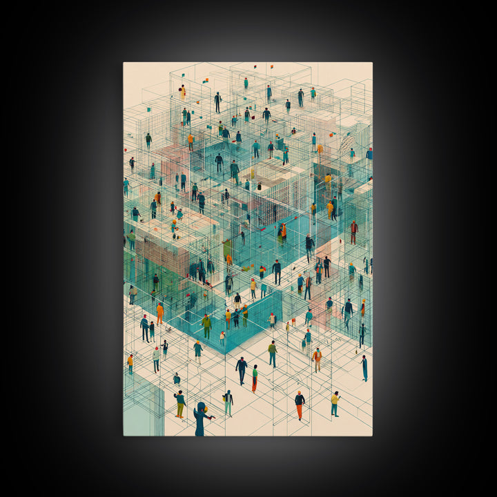 Isometric People In Wireframe City Wall Art, Modern Geometric Canvas Print, Abstract Urban Network, Unique Office Decor, Tech Inspired