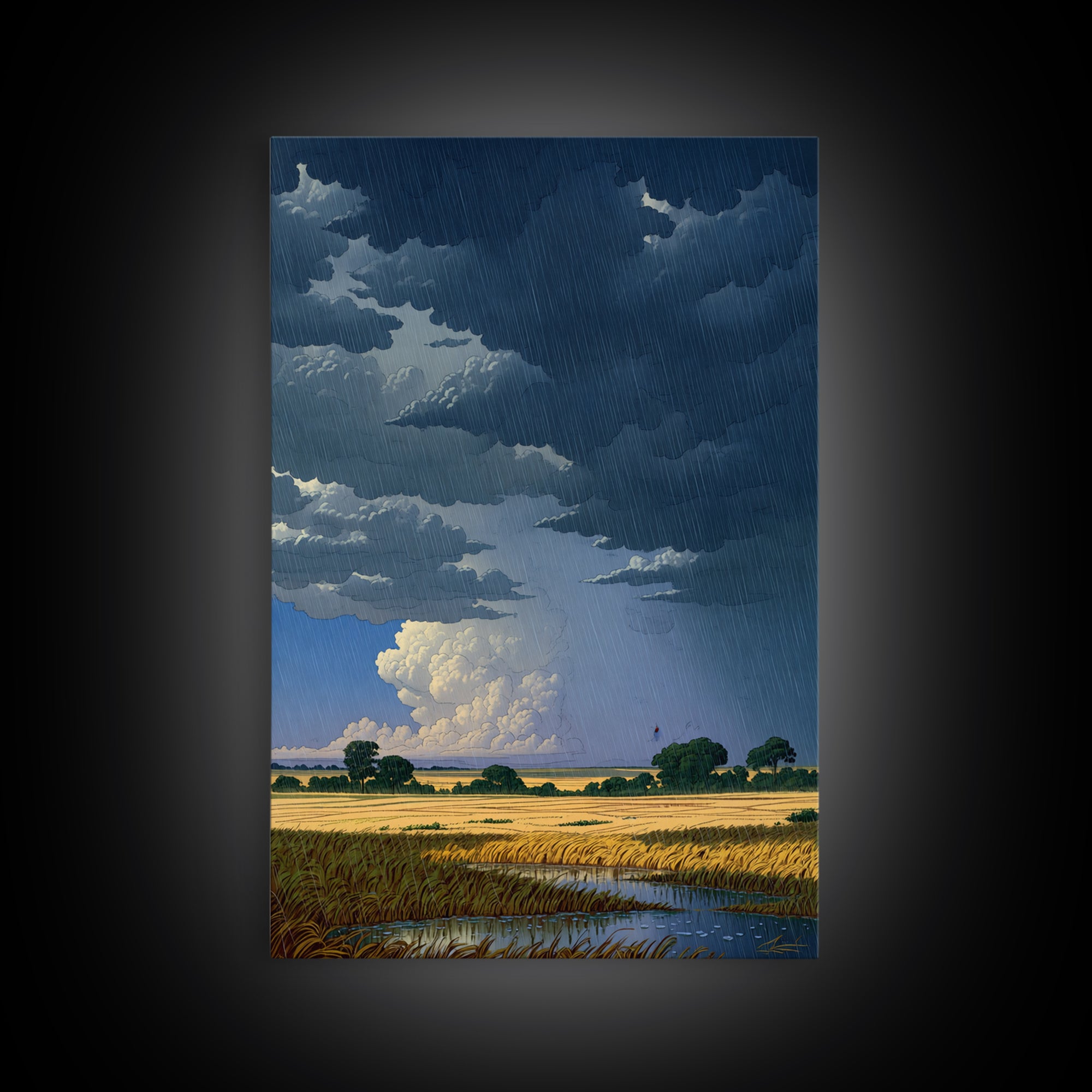 Dark Storm Clouds Over Golden Field Wall Art, African Landscape Canvas Print, Moody Nature Scene, Rustic Living Room Decor