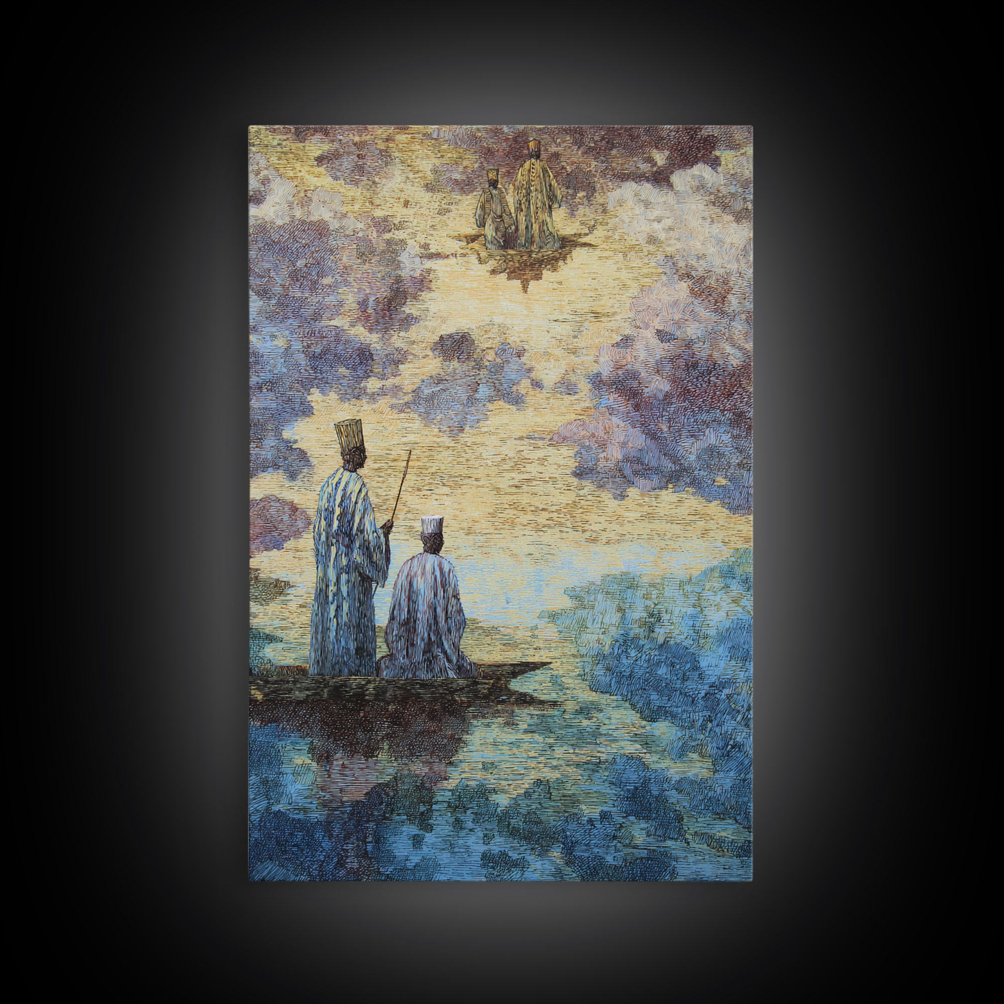 Two Robed Figures On Mystical Water Canvas Print, African Story Wall Art, Dreamy Cultural Landscape, Spiritual Home Decor