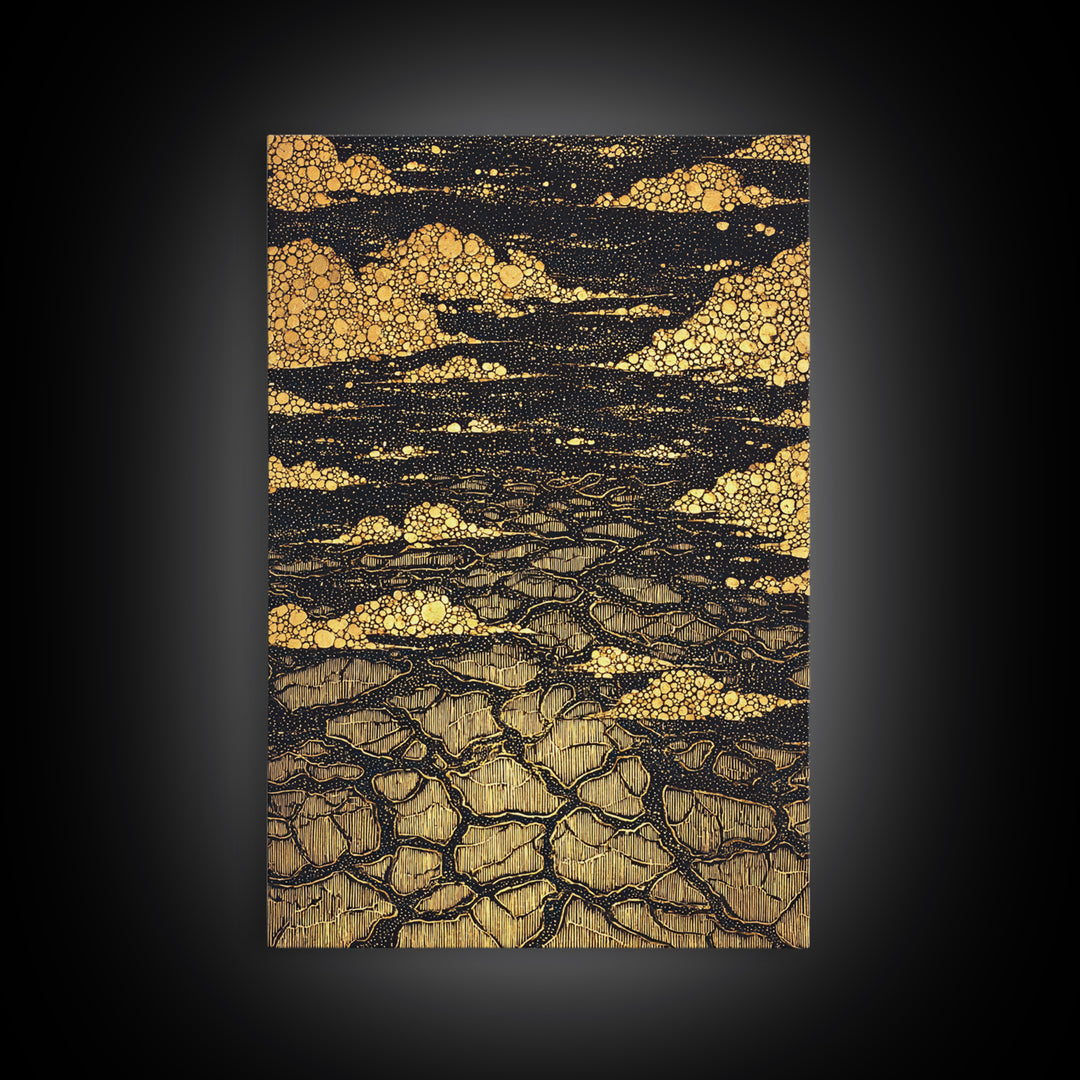 Black And Gold Cracked Earth Abstract Wall Art, Luxury Canvas Print, Textured Desert Landscape, Bold Statement Home Decor