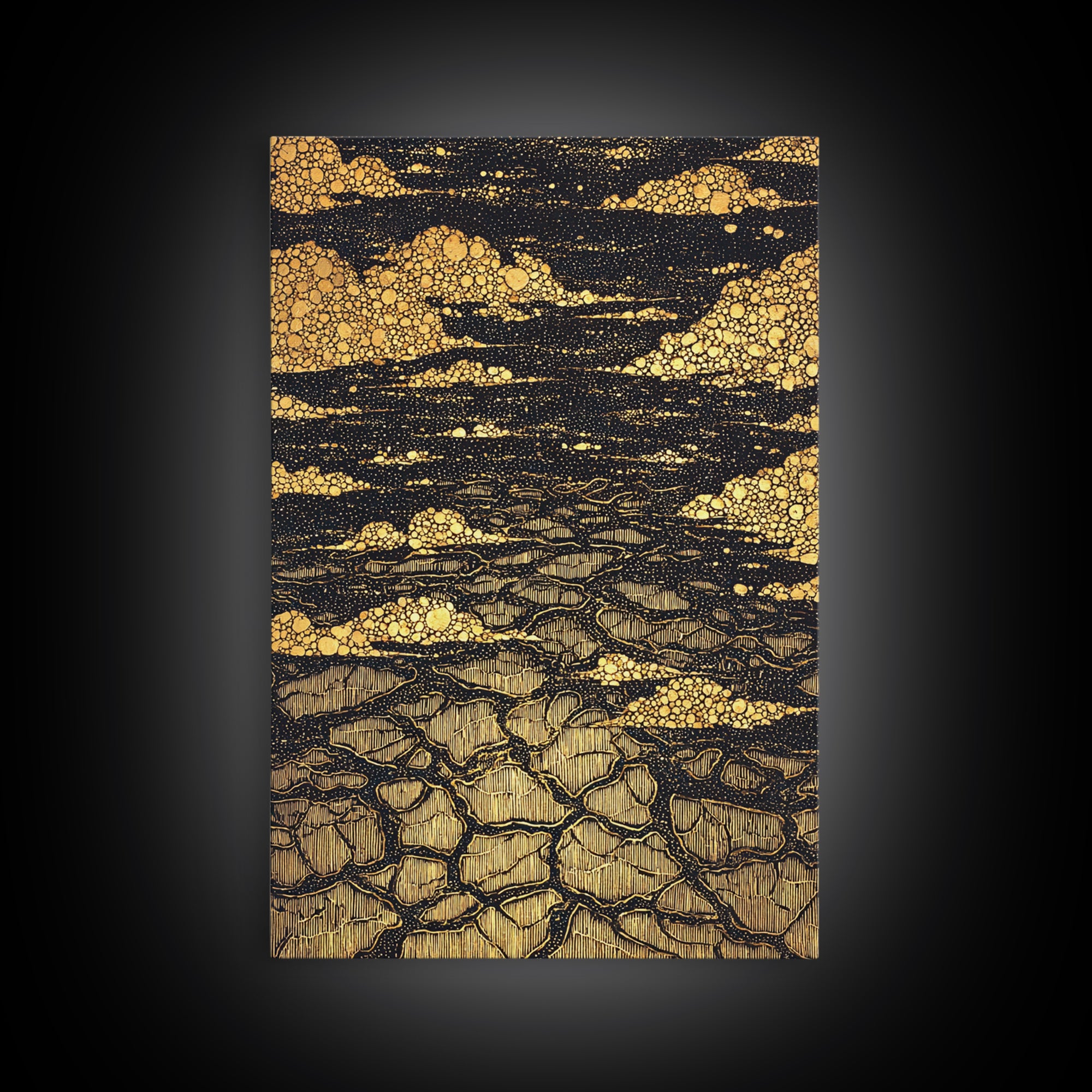 Black And Gold Cracked Earth Abstract Wall Art, Luxury Canvas Print, Textured Desert Landscape, Bold Statement Home Decor