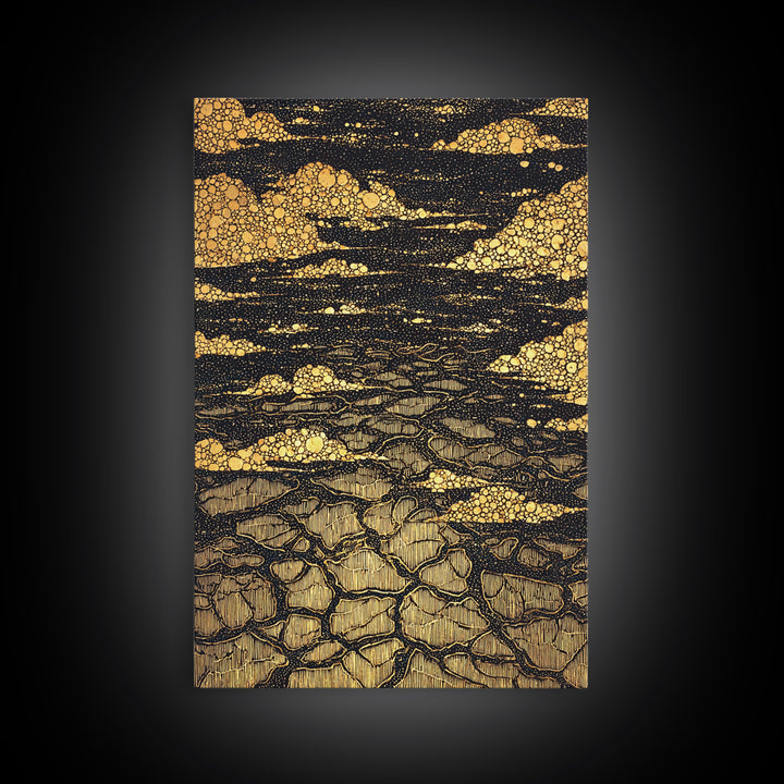 Black And Gold Cracked Earth Abstract Wall Art, Luxury Canvas Print, Textured Desert Landscape, Bold Statement Home Decor