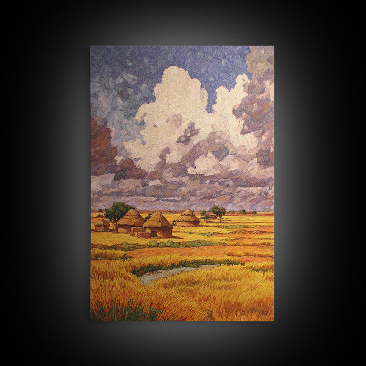 Golden African Village Under Towering Clouds Wall Art, Savannah Landscape, Rustic Home Decor, Afrocentric African Art Print