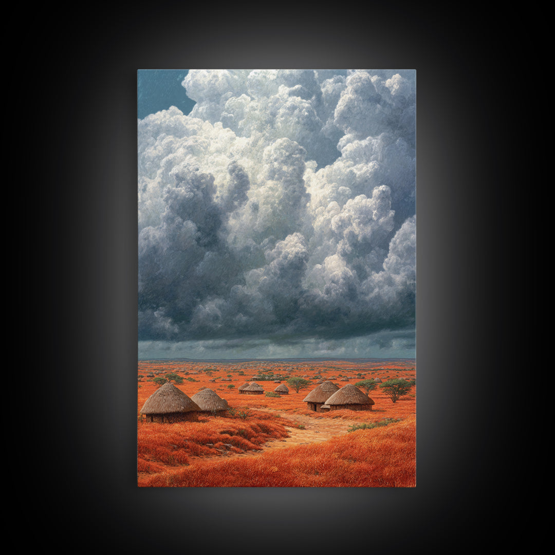 Red African Village Beneath Dramatic Storm Clouds Framed Canvas Print, Safari Landscape Wall Art, Earth Tone Home Decor Gift