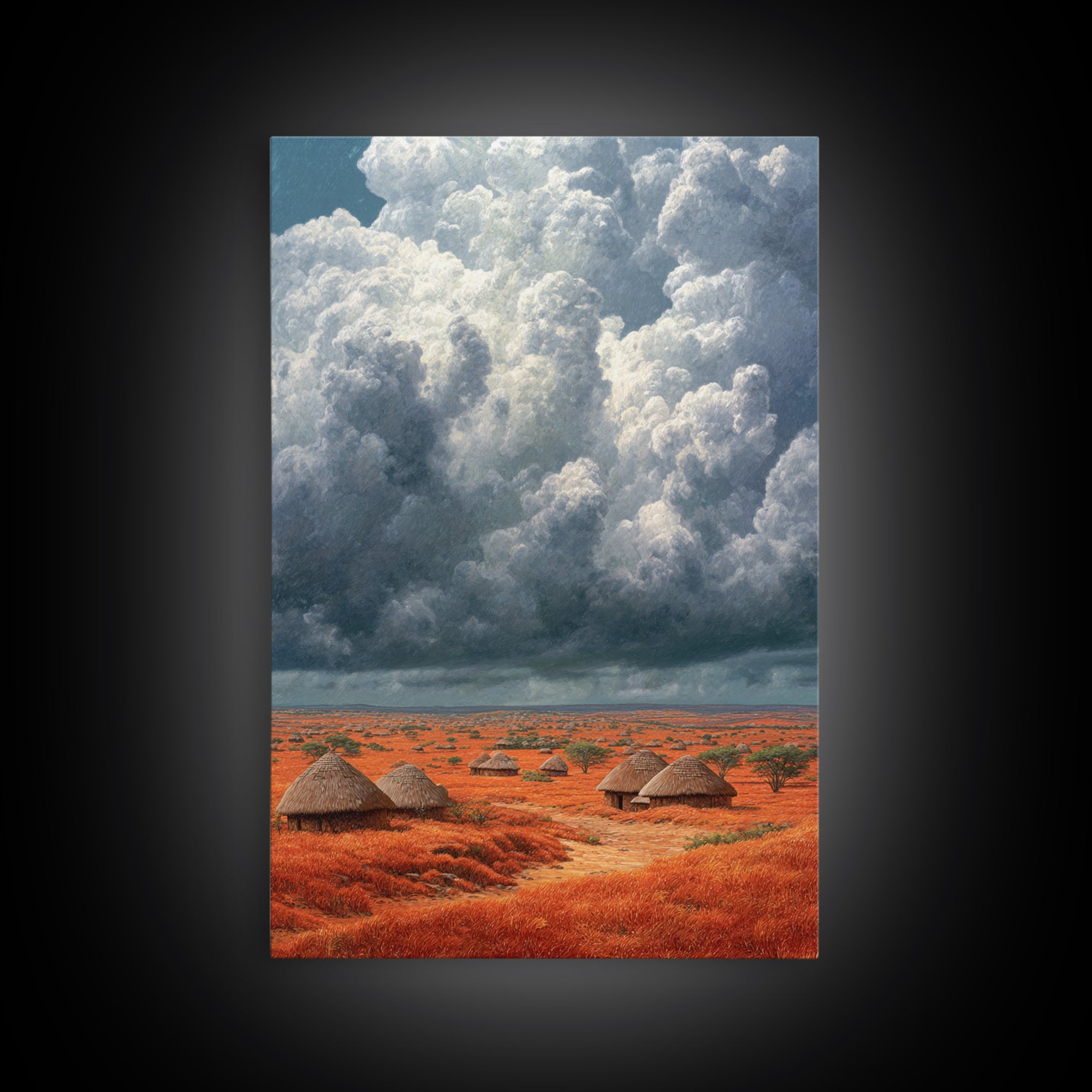 Red African Village Beneath Dramatic Storm Clouds Framed Canvas Print, Safari Landscape Wall Art, Earth Tone Home Decor Gift