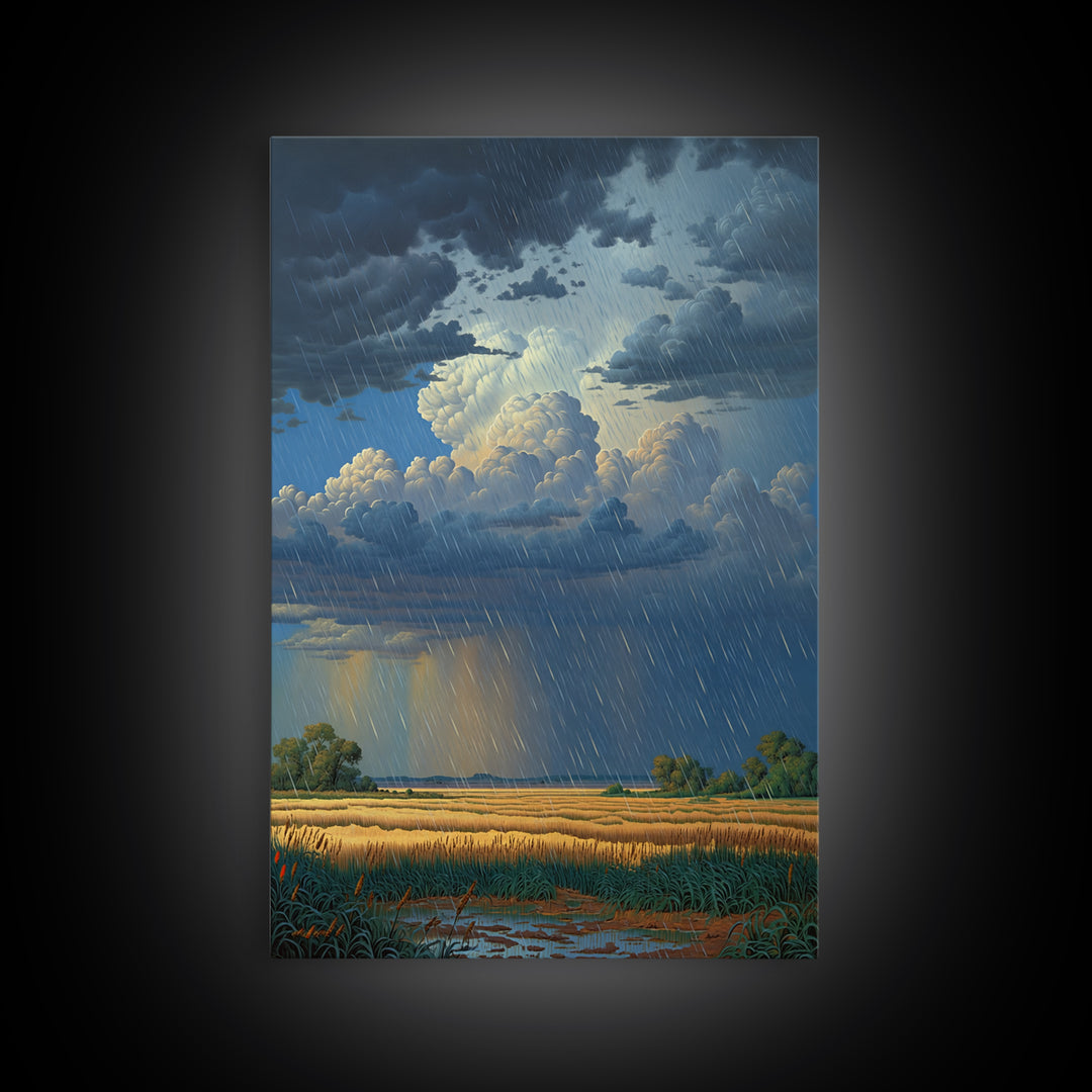 Rain Swept African Plain With Golden Fields Canvas Print, Stormy Landscape Wall Art, Safari Decor, Dramatic Office Art Gift