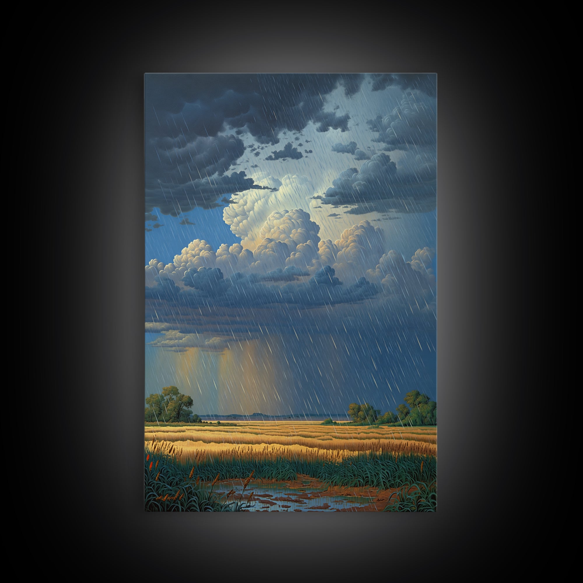 Rain Swept African Plain With Golden Fields Canvas Print, Stormy Landscape Wall Art, Safari Decor, Dramatic Office Art Gift