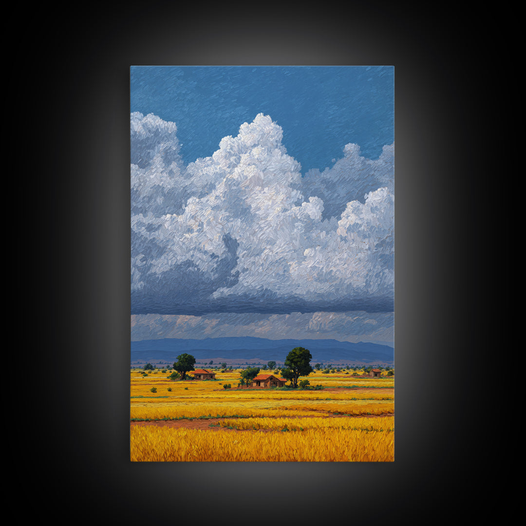 Sunlit African Farmland With Puffy White Clouds Wall Art, Landscape Canvas Print, Rustic Decor, Housewarming Gift For Her