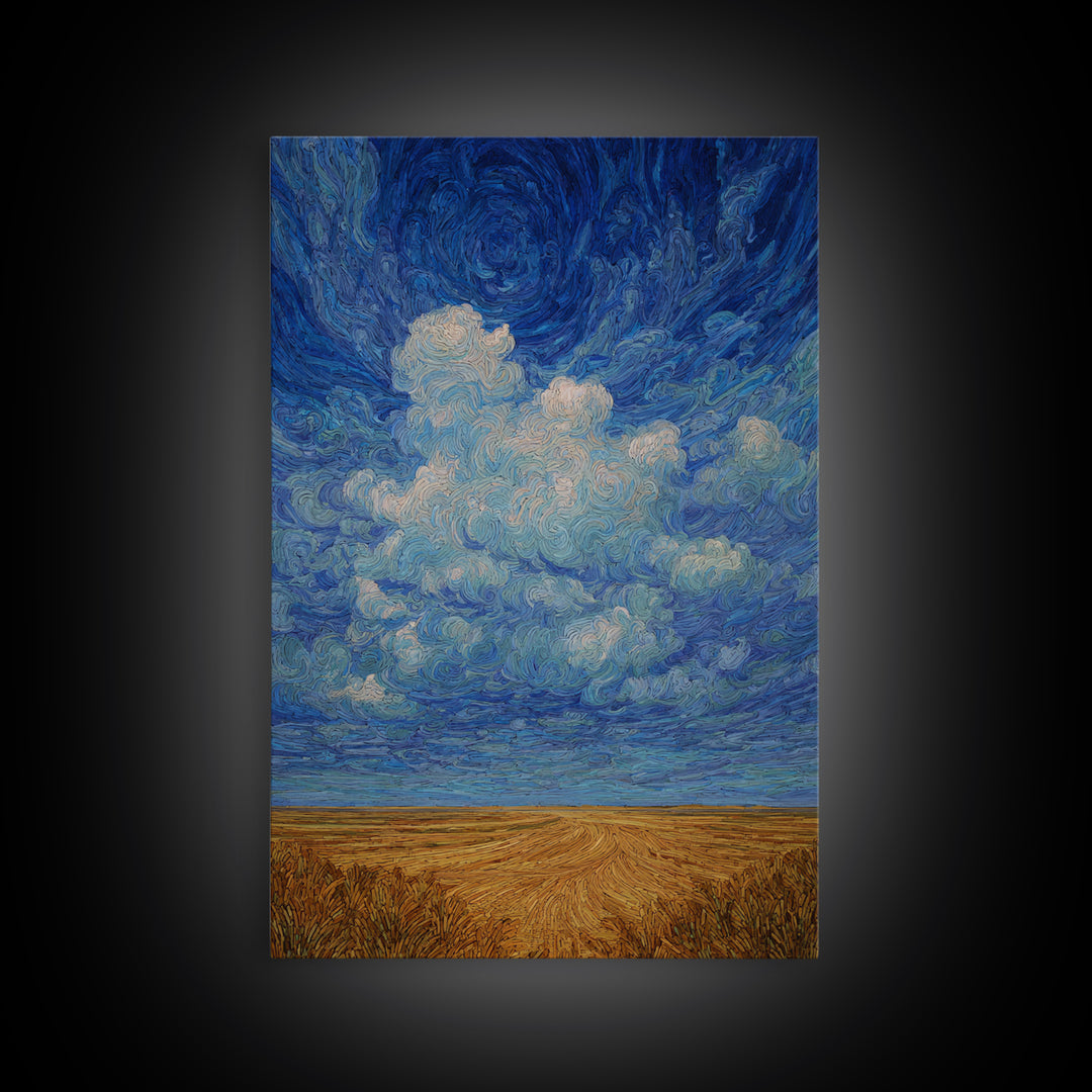 Swirling Blue Sky Over Golden African Plain Canvas Print, Abstract Landscape Wall Art, Dreamy Decor, Modern Home Decor Gift