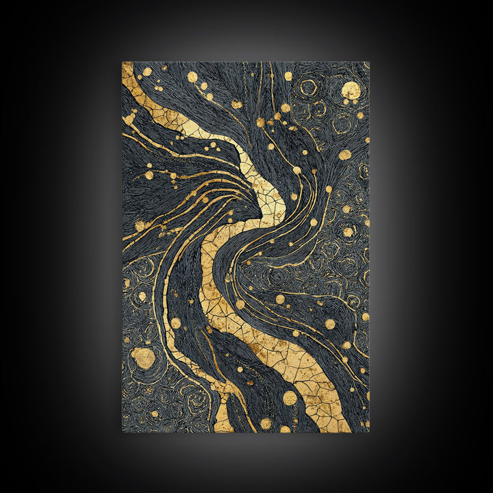 Black And Gold Abstract River Of Stars Statement Wall Art, Luxury Canvas Print, Geometric Decor, Elegant Modern Home Decor Gift