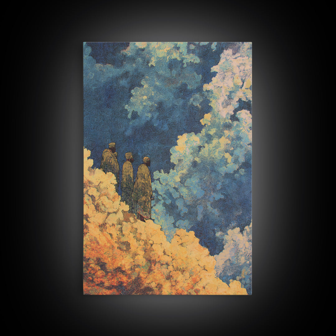 Three African Figures Walking Through Colorful Clouds Wall Art, Mystical Canvas Print, Cultural Art, Afrocentric Home Decor