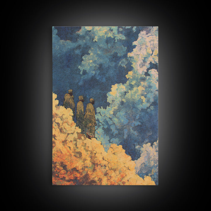 Three African Figures Walking Through Colorful Clouds Wall Art, Mystical Canvas Print, Cultural Art, Afrocentric Home Decor