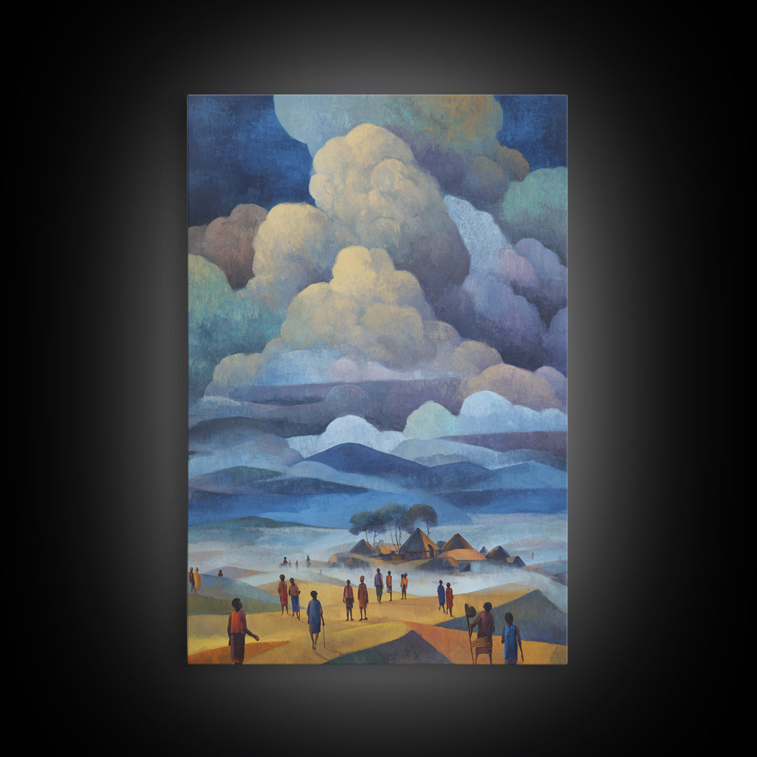 African Village Beneath Blue Storm Clouds Framed Canvas Print, Landscape Wall Decor, Cultural Home Decor, Afrocentric Art
