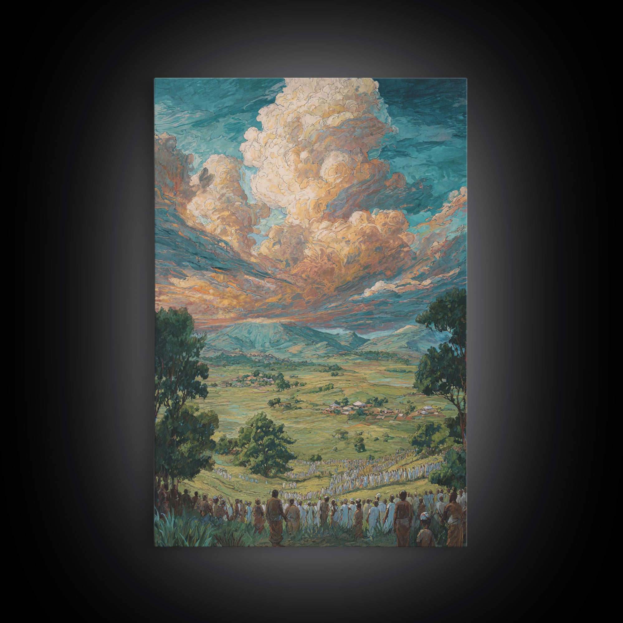 African Valley Procession Under Radiant Clouds Canvas Print, Panoramic Landscape Wall Decor, Safari Art, Cultural Gift For Home