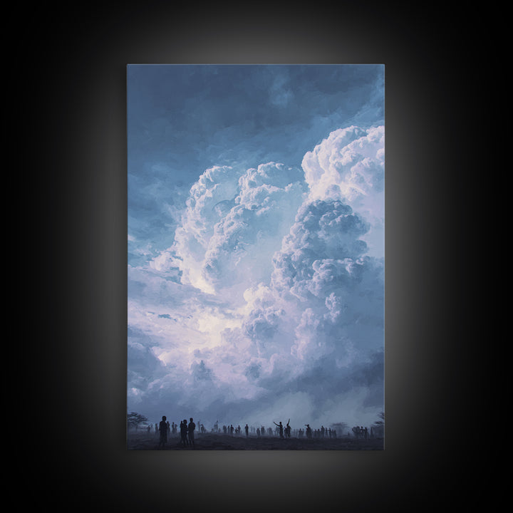 Towering White Storm Clouds Over African Horizon Framed Canvas Print, Dramatic Blue Wall Decor, Spiritual Afrocentric Art