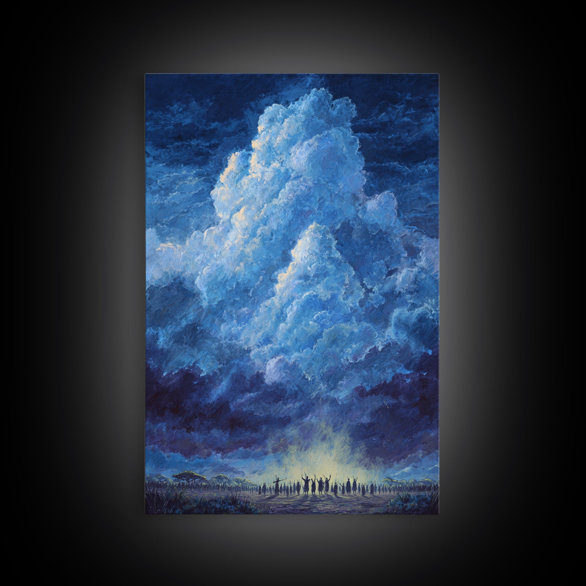 Deep Blue Thundercloud Over African Crowd Canvas Print, Dramatic Storm Sky Wall Decor, Spiritual Safari Art, Statement Gift