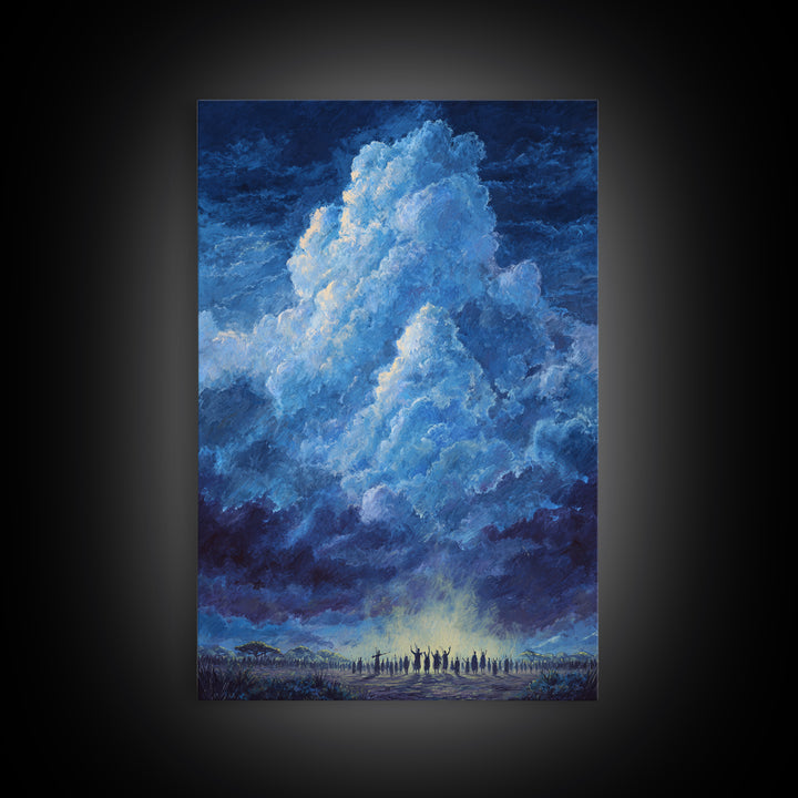 Deep Blue Thundercloud Over African Crowd Canvas Print, Dramatic Storm Sky Wall Decor, Spiritual Safari Art, Statement Gift