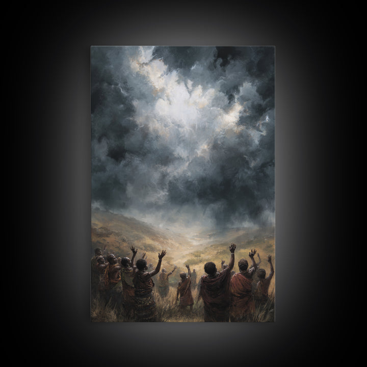 African Villagers Raising Hands To Dark Storm Sky Wall Art, Dramatic Spiritual Canvas, Cultural Decor, Black Art Gift For Home