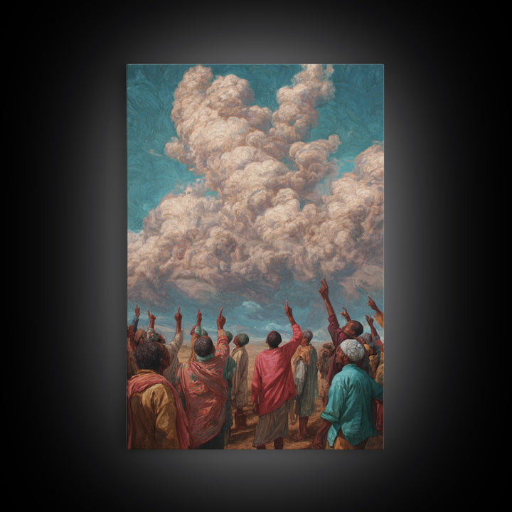African Gathering Pointing To Rose Clouds Canvas Print, Colorful Cultural Wall Decor, Afrocentric Home Art, Unique Gift Idea
