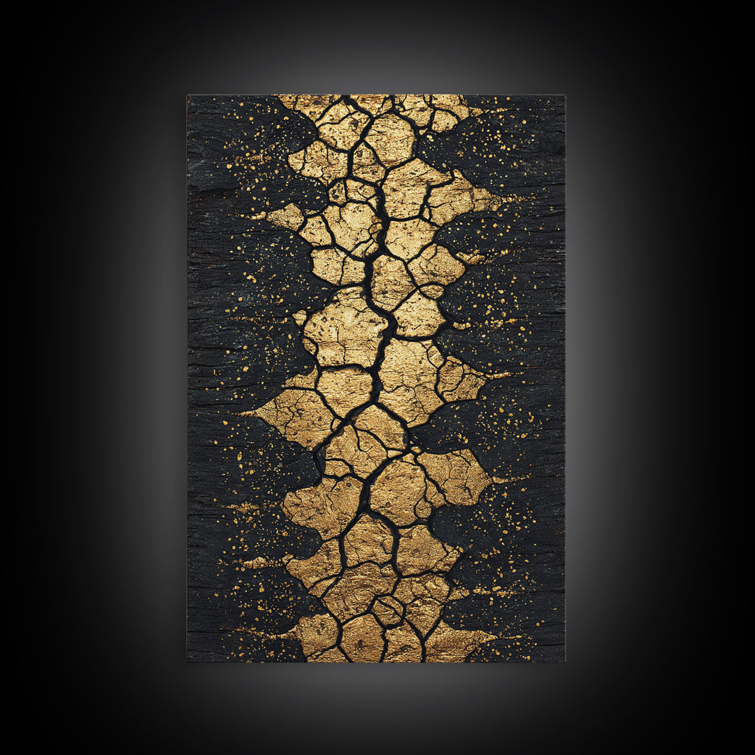 Gold Cracked Earth Africa Inspired Abstract Wall Art, Black And Gold Canvas Decor, Modern Afrocentric Texture, Luxury Gift
