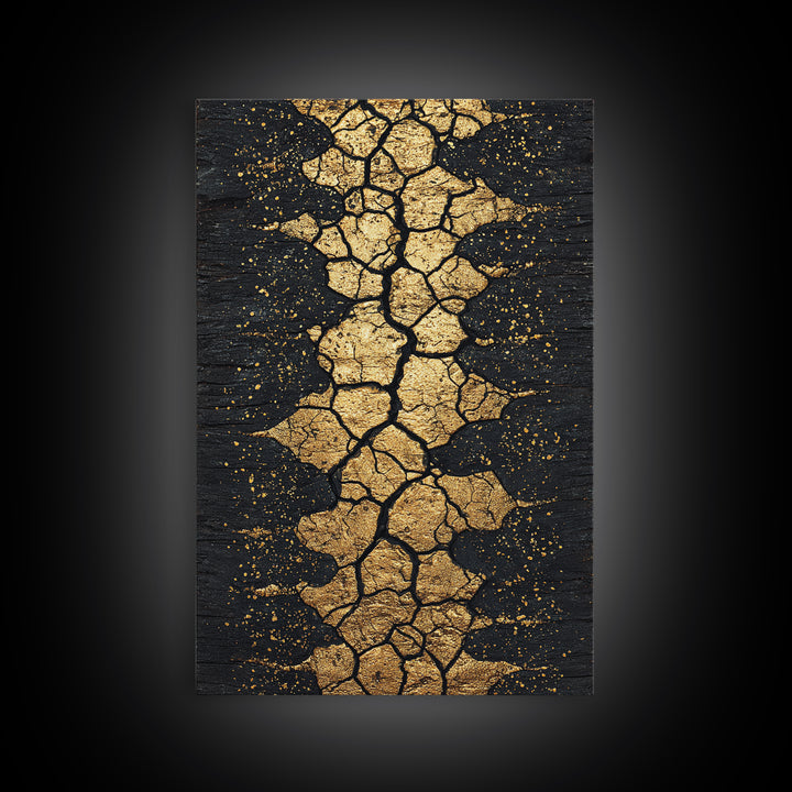 Gold Cracked Earth Africa Inspired Abstract Wall Art, Black And Gold Canvas Decor, Modern Afrocentric Texture, Luxury Gift