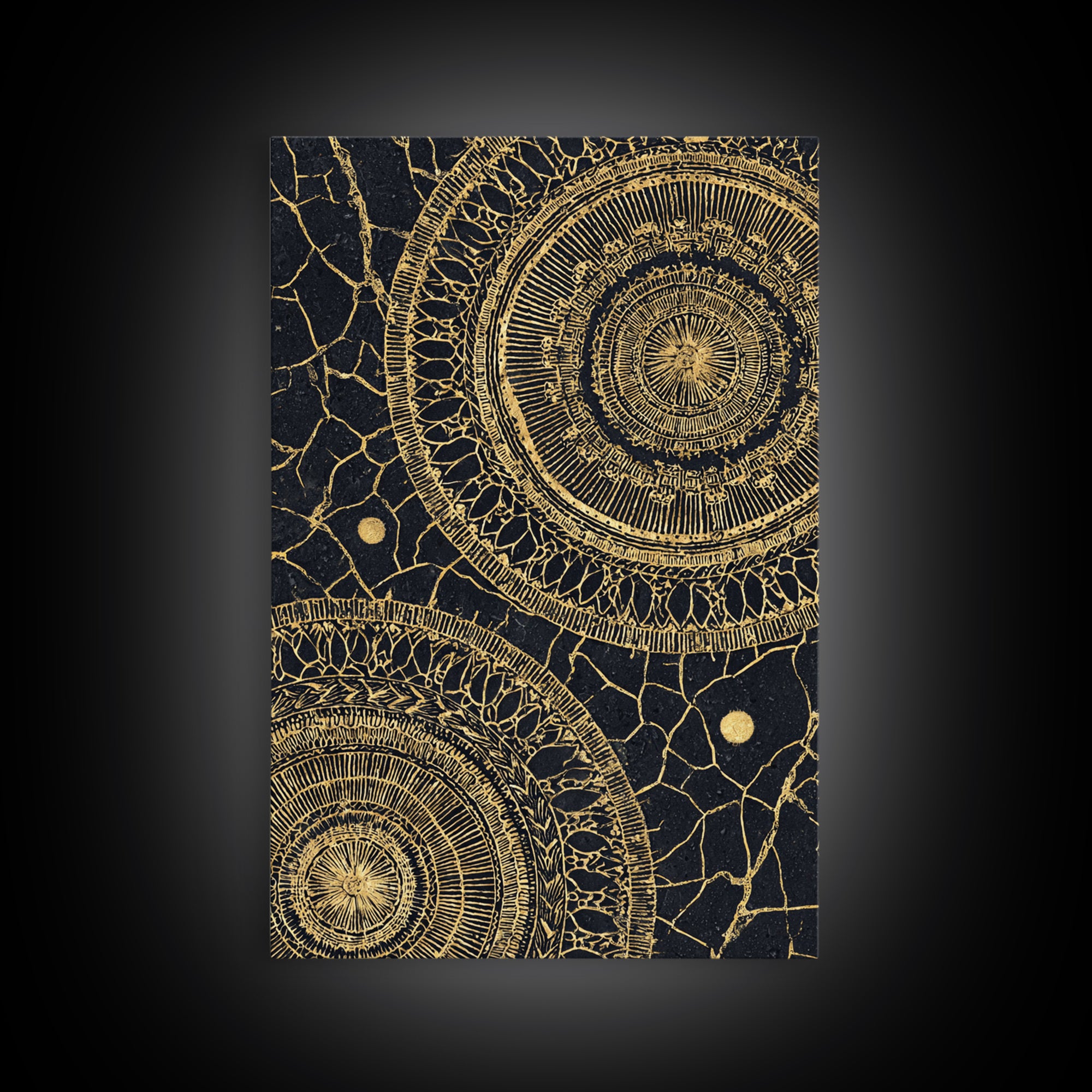 Black And Gold Tribal Mandala Pattern Framed Canvas Print, Geometric African Wall Decor, Abstract Ethnic Art, Luxury Gift