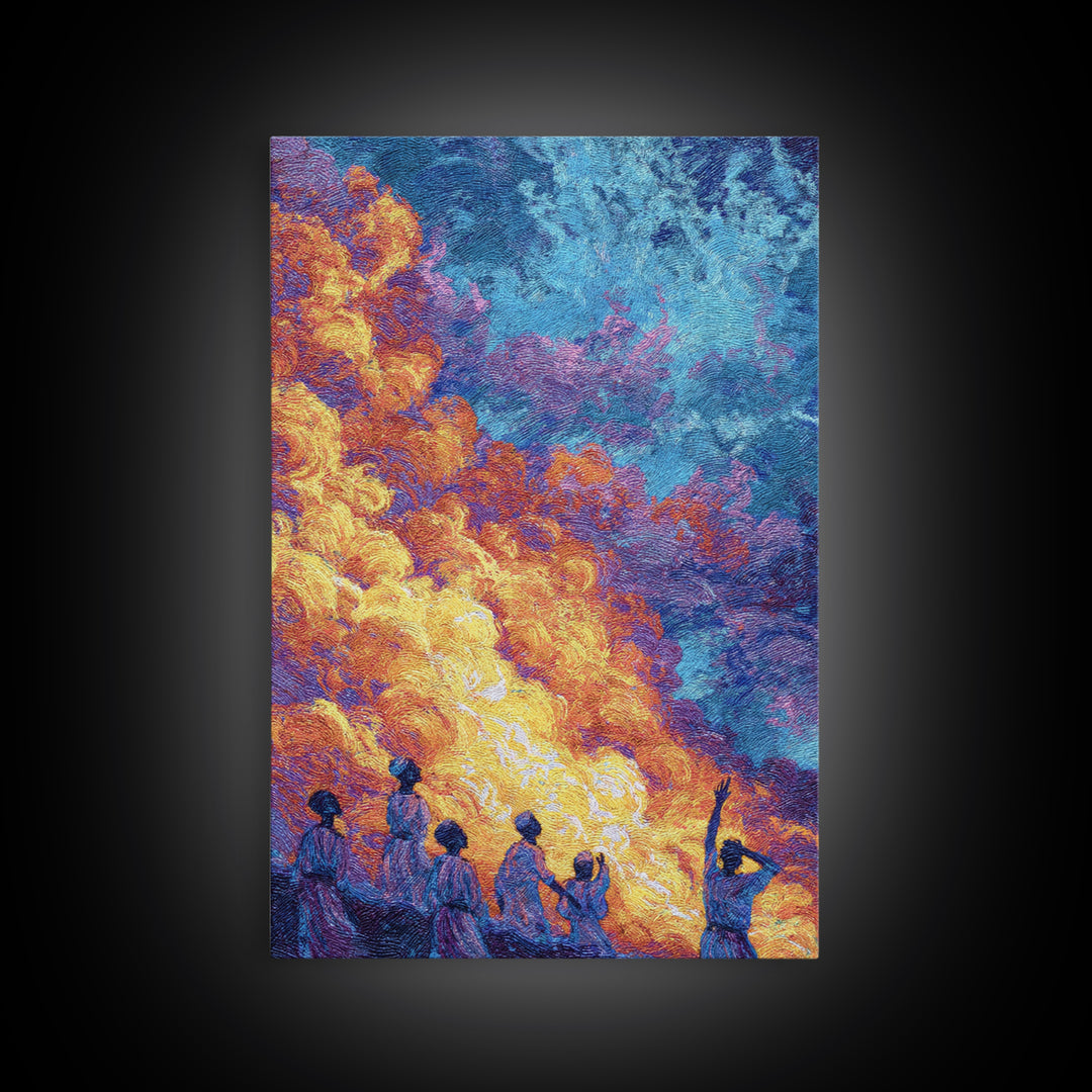 Figures Under Fiery Orange And Blue Sky Canvas Print, African Wall Art, Black People Art, Cultural Home Decor Gift, Statement Wall Decor