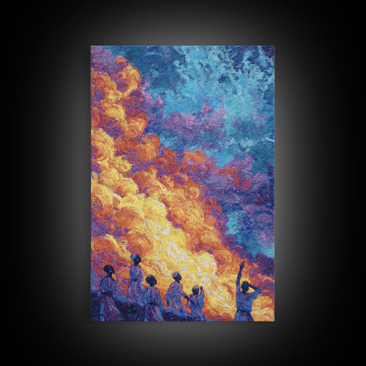 Figures Under Fiery Orange And Blue Sky Canvas Print, African Wall Art, Black People Art, Cultural Home Decor Gift, Statement Wall Decor