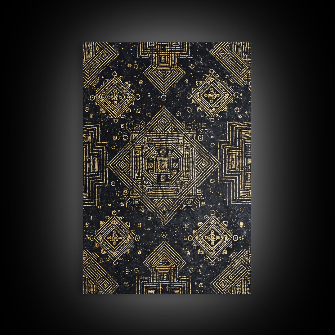 Black And Gold Sacred Geometric Pattern Framed Canvas Print, African Tribal Art, Luxury Wall Art, Spiritual Home Decor Gift