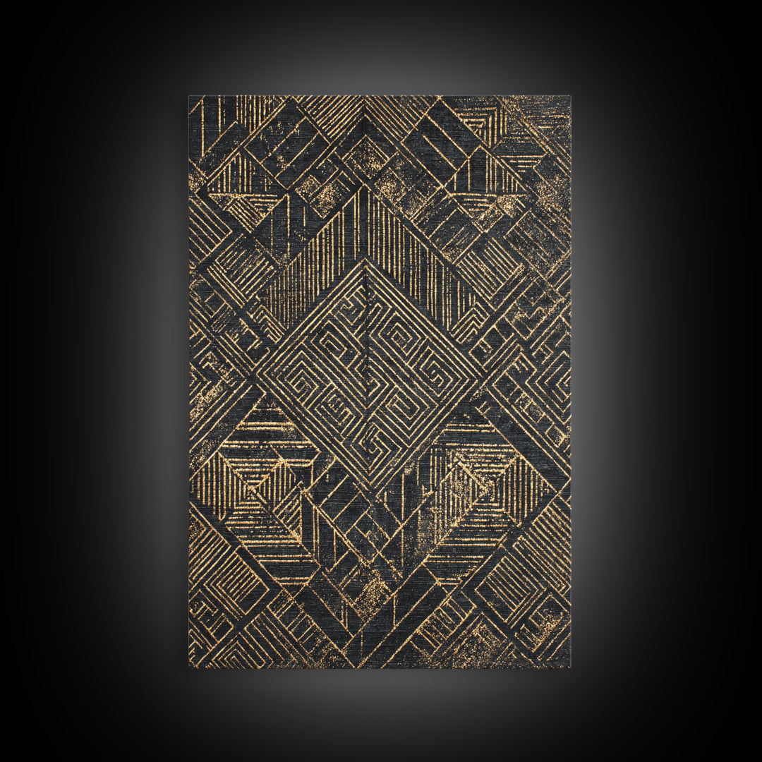 Black Gold Geometric Kuba Pattern Wall Art, African Tribal Decor, Mud Cloth Inspired Canvas, Modern Ethnic Home Decor, Gallery Print