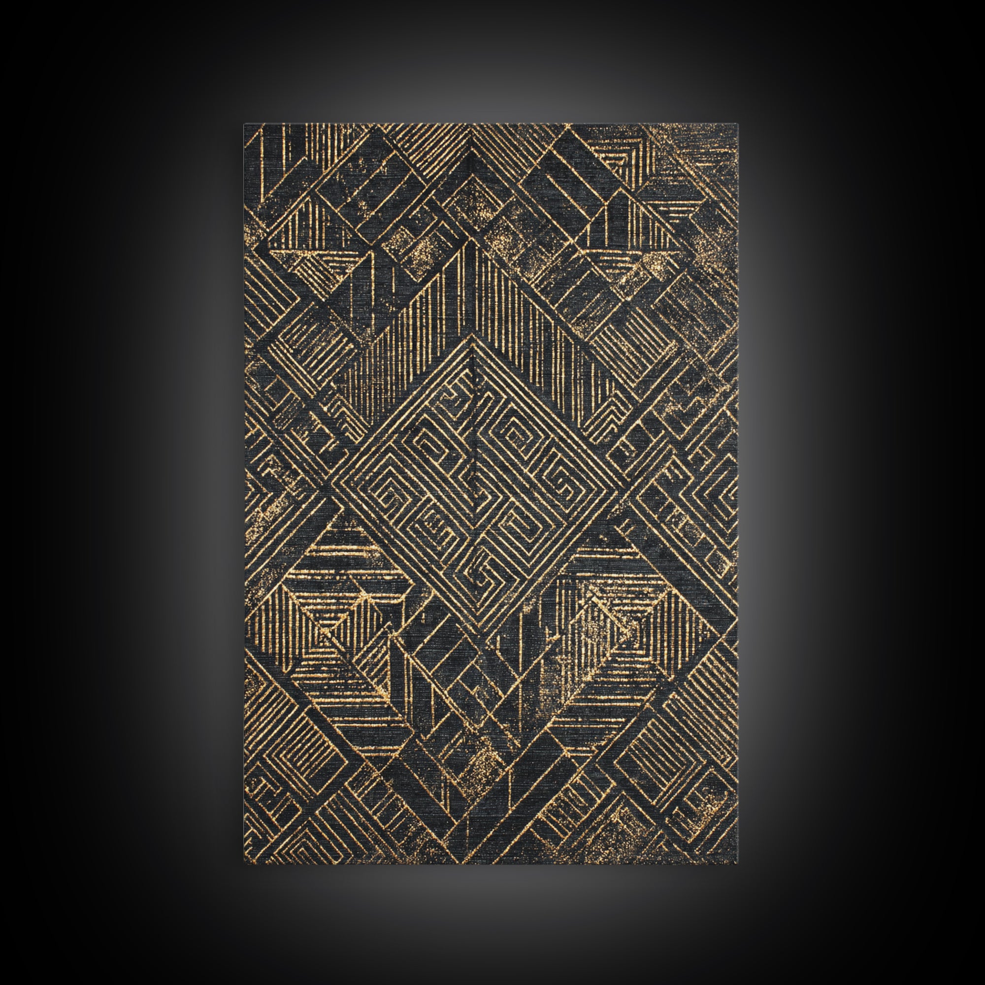 Black Gold Geometric Kuba Pattern Wall Art, African Tribal Decor, Mud Cloth Inspired Canvas, Modern Ethnic Home Decor, Gallery Print
