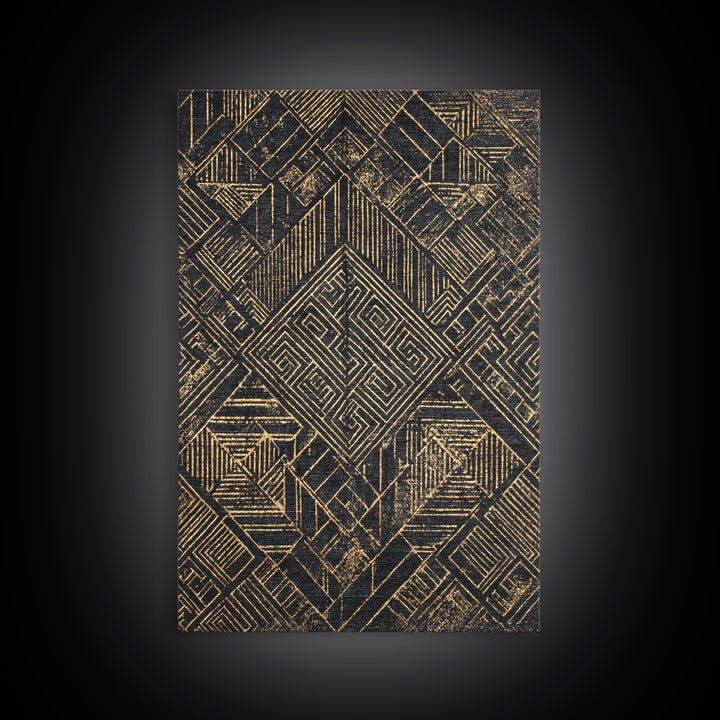 Black Gold Geometric Kuba Pattern Wall Art, African Tribal Decor, Mud Cloth Inspired Canvas, Modern Ethnic Home Decor, Gallery Print