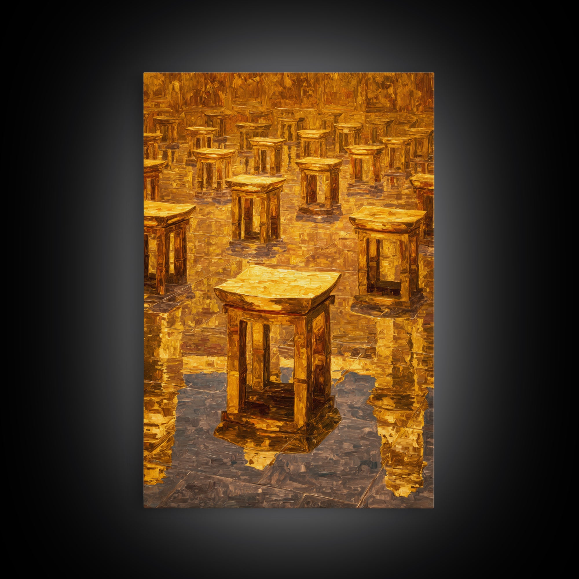 Golden Ancestral Stools In Reflective Hall Framed Canvas Print, African Decor, Cultural Wall Art, Warm Ochre Home Decor Gift