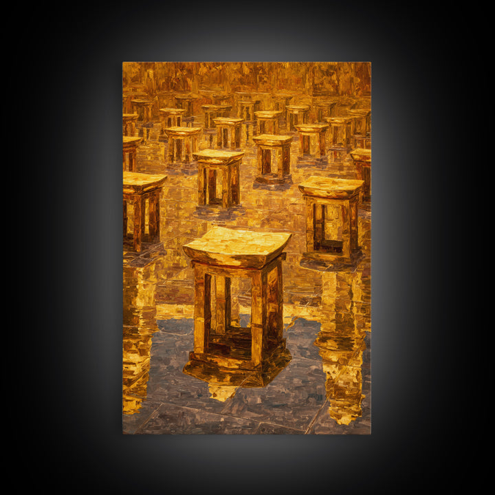 Golden Ancestral Stools In Reflective Hall Framed Canvas Print, African Decor, Cultural Wall Art, Warm Ochre Home Decor Gift