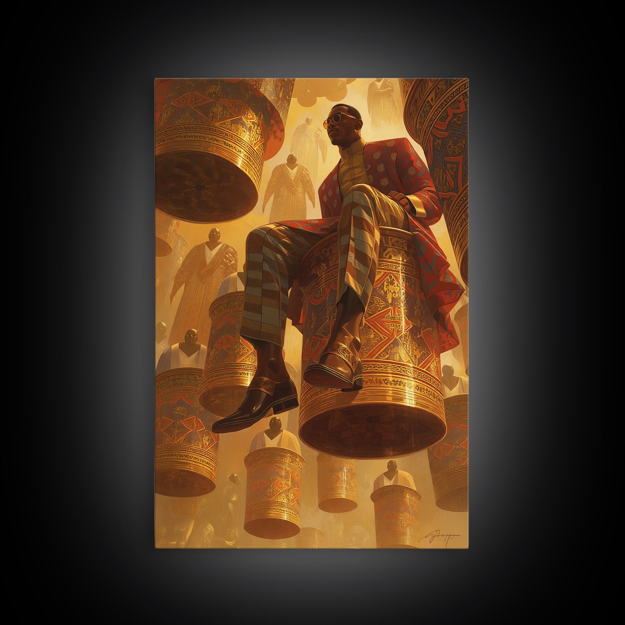 Afrofuturist Man Seated On Floating Drums Canvas Print, African Ankara Art, Regal Black Culture Wall Decor, Bold Gift For Him