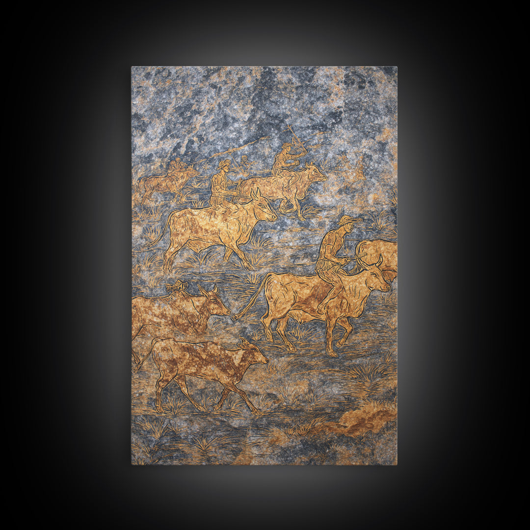 Golden Cattle Herders Etched On Blue Stone Wall Art, African Safari Art, Pastoral Tribal Canvas, Cultural Home Decor, Unique Gift