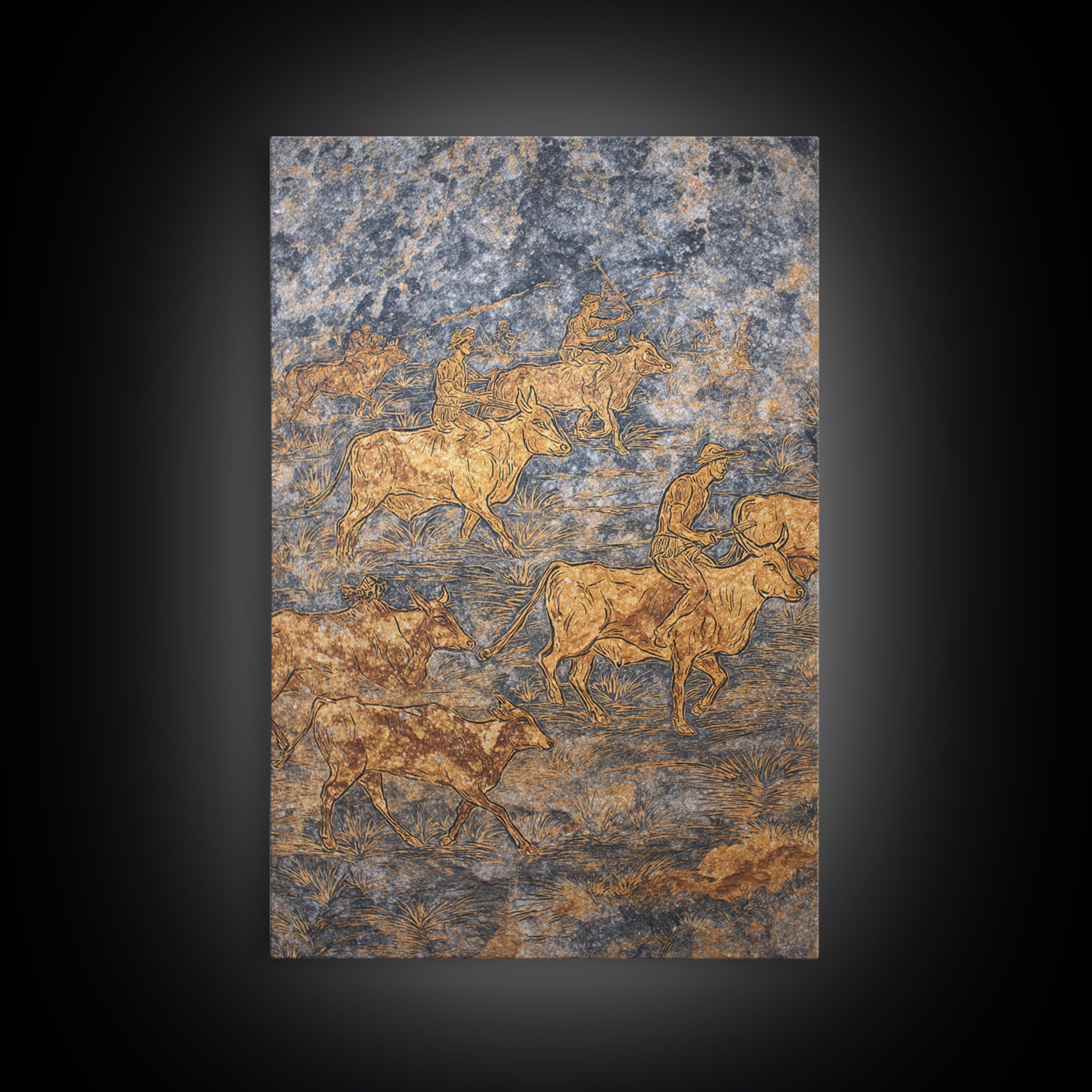 Golden Cattle Herders Etched On Blue Stone Wall Art, African Safari Art, Pastoral Tribal Canvas, Cultural Home Decor, Unique Gift