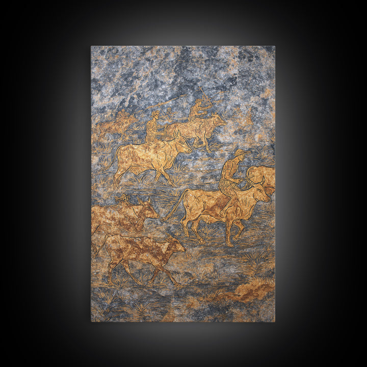 Golden Cattle Herders Etched On Blue Stone Wall Art, African Safari Art, Pastoral Tribal Canvas, Cultural Home Decor, Unique Gift
