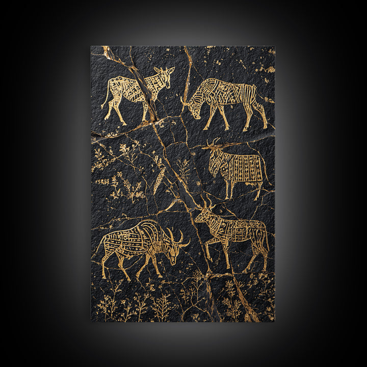 Black Gold Tribal Animal Petroglyph Canvas Print, African Safari Art, Antelope And Zebra Wall Decor, Ancient Rock Art Print