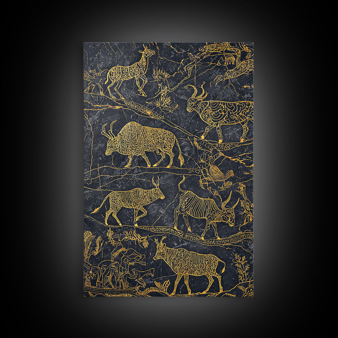 Gold Line Savanna Wildlife Migration Wall Art, African Animal Art, Tribal Antelope Canvas, Black Gold Safari Decor, Statement Gift