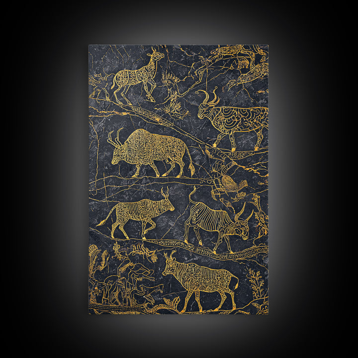 Gold Line Savanna Wildlife Migration Wall Art, African Animal Art, Tribal Antelope Canvas, Black Gold Safari Decor, Statement Gift