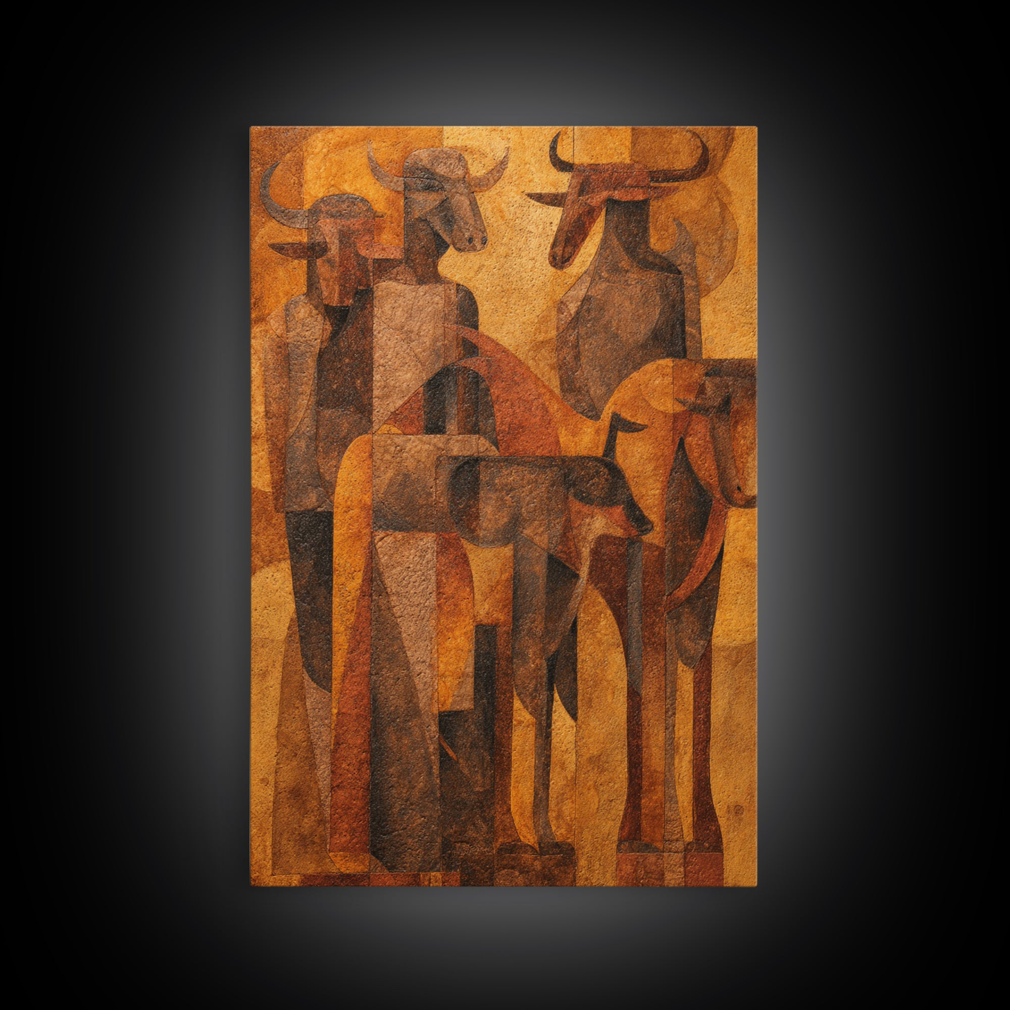 Cubist Cattle Spirits In Burnt Orange Canvas Print, African Abstract Art, Tribal Bull Wall Decor, Modern Gallery Gift For Home