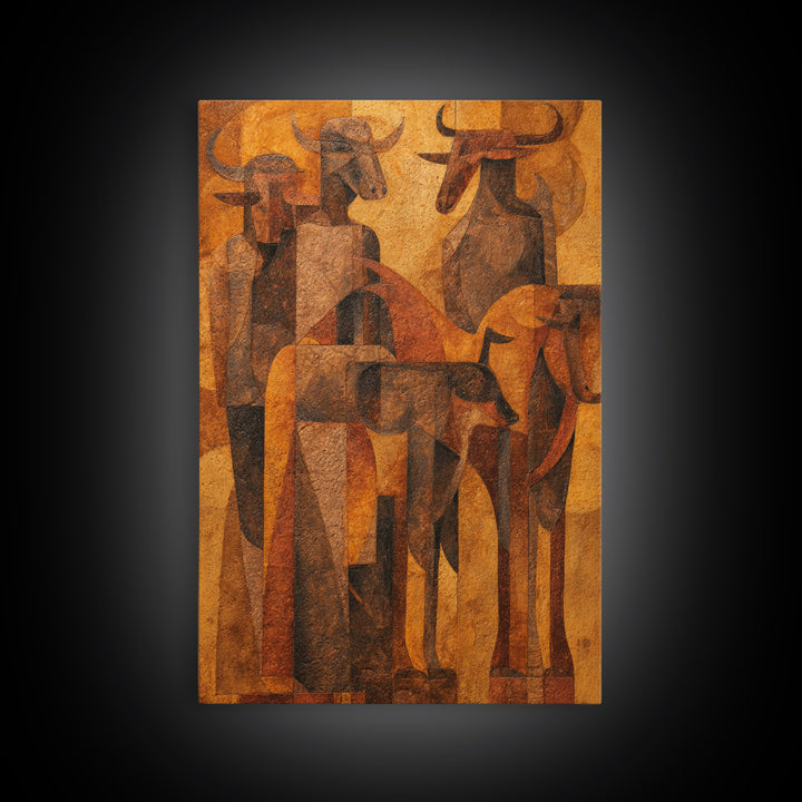 Cubist Cattle Spirits In Burnt Orange Canvas Print, African Abstract Art, Tribal Bull Wall Decor, Modern Gallery Gift For Home
