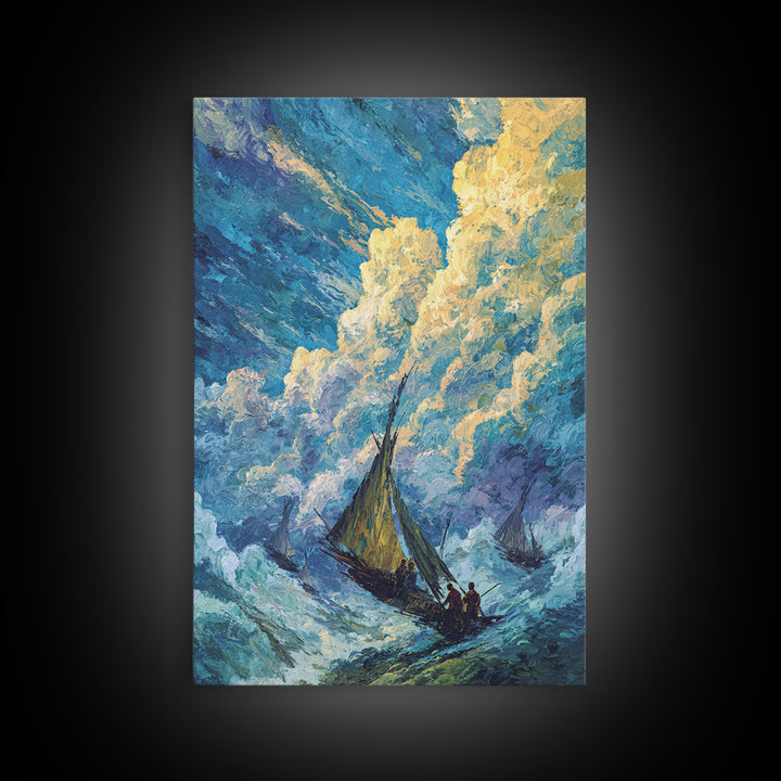Stormy Sailboat Seascape Framed Canvas Print, Beach Art, Blue Ocean Wall Decor, Coastal Painting, Dramatic Living Room Art