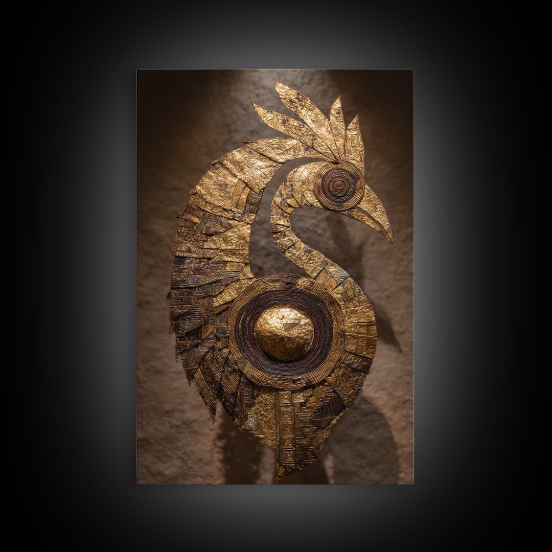 Golden Tribal Bird Sculpture Wall Art, African Inspired Decor, Black And Gold Art, Textured Art Print, Unique Home Decor Gift