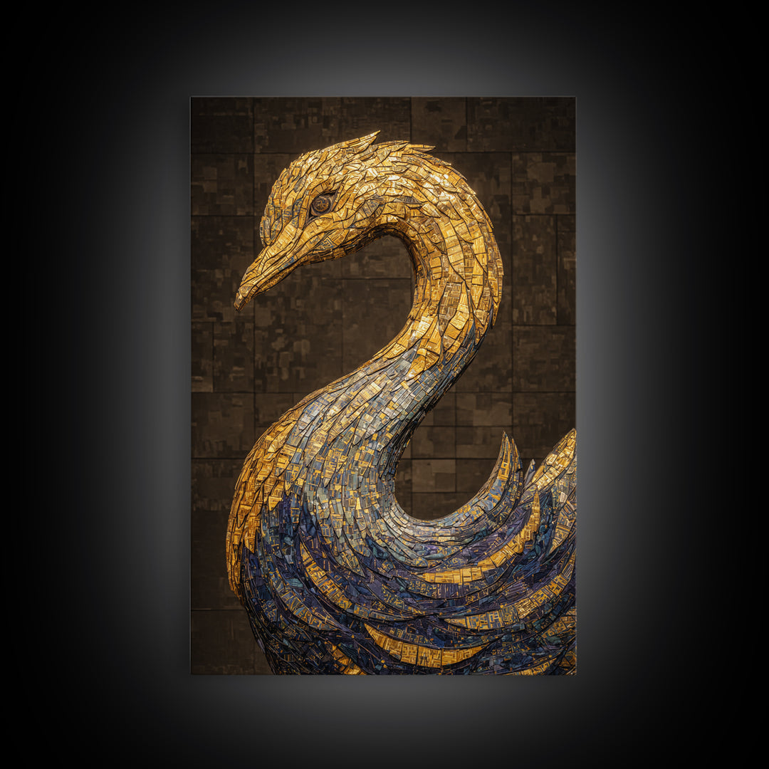 Blue Gold Mosaic Swan Framed Canvas Print, Black And Gold Art, Elegant Wall Decor, Contemporary Canvas, Statement Home Decor