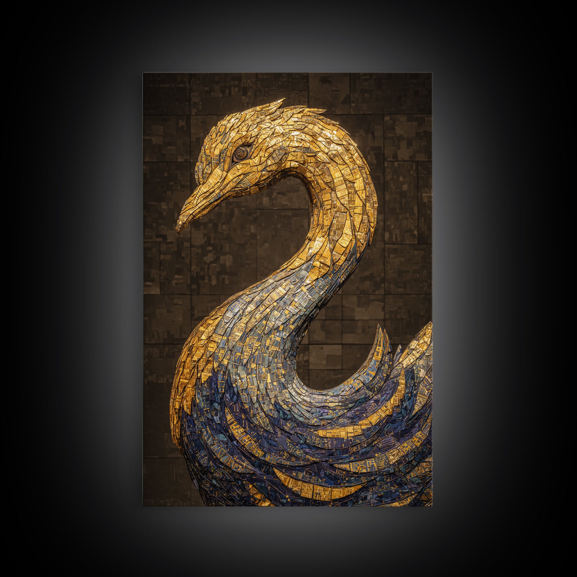 Blue Gold Mosaic Swan Framed Canvas Print, Black And Gold Art, Elegant Wall Decor, Contemporary Canvas, Statement Home Decor