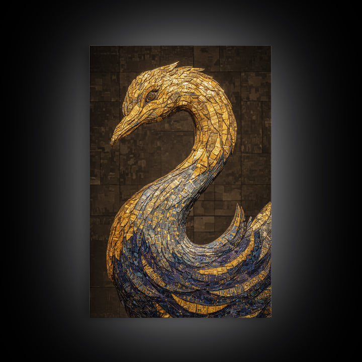Blue Gold Mosaic Swan Framed Canvas Print, Black And Gold Art, Elegant Wall Decor, Contemporary Canvas, Statement Home Decor