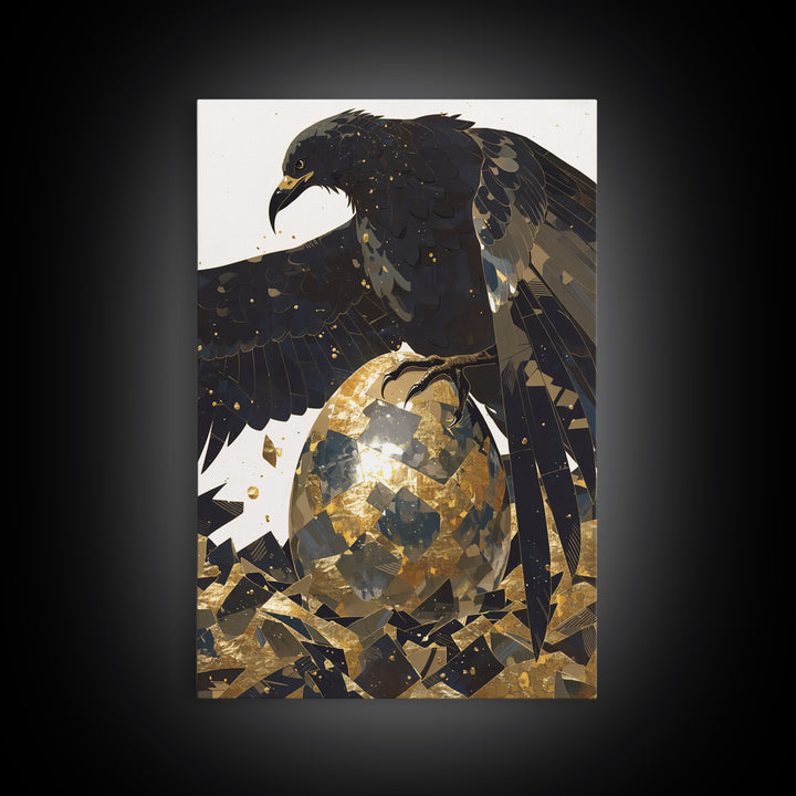 Black Eagle Golden Egg Canvas Print, Black And Gold Art, Animal Wall Decor, Bold Bird Artwork, Contemporary Living Room Art